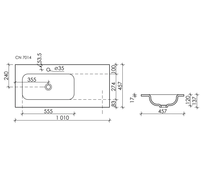 Раковина накладная Ceramica Nova Grace 1010*457*137мм, чаша слева, с отверстием под смеситель, Выбрать цвет: Белый, изображение 3