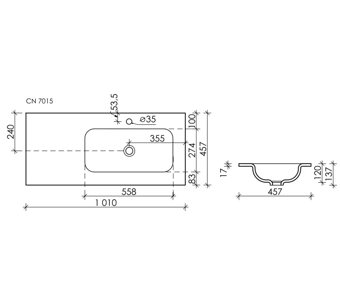 Раковина накладная Ceramica Nova Grace с отверстием под смеситель 1010*457*137мм, чаша справа, Выбрать цвет: Черный, изображение 3
