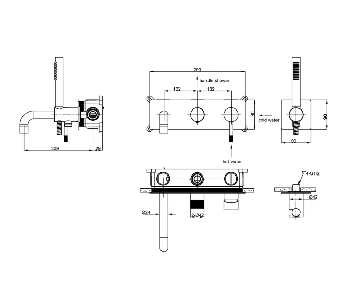 Смеситель встраиваемый с ручным душем и изливом  Boheme UNO 464-3-G золото, Выбрать цвет: Золото, изображение 2