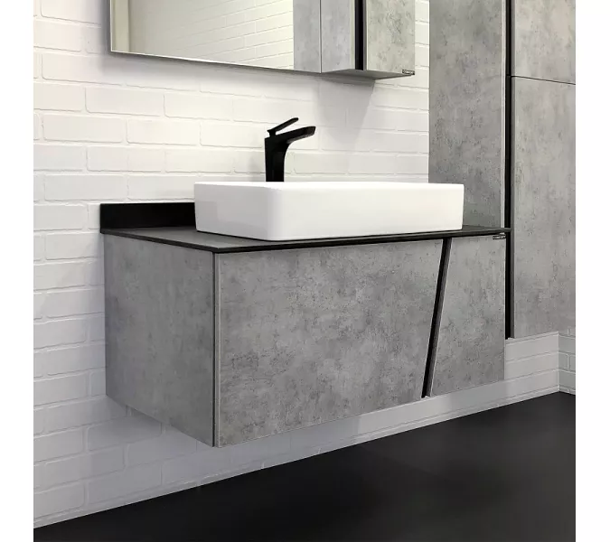 COMFORTY. Тумба-умывальник "Эдинбург" бетон светлый с черной столешницей, с раковиной COMFORTY, Выбрать цвет: Бетон светлый, Выбрать размер: 90, Комплектация: раковина Comforty 78189