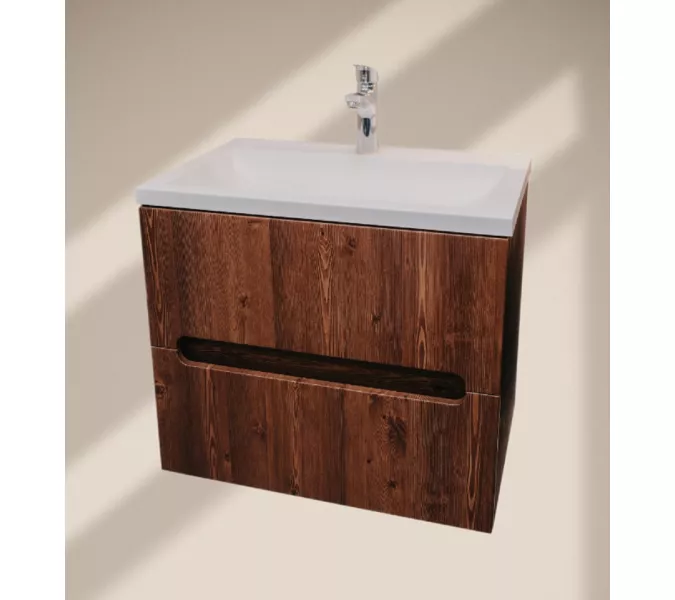 Тумба  подвесная ACWEN TORNO 80  дуб горизонт с раковиной Слим 80, Выбрать цвет: Дуб горизонт темный, Выбрать размер: 80, Внешний вид: с белой раковиной, изображение 4