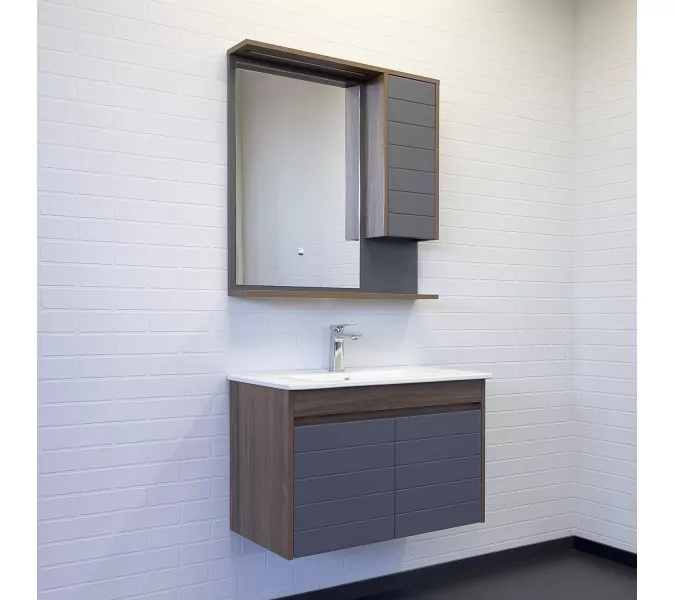 Зеркало-шкаф Comforty Кемер-75 антрацит/дуб тёмно-коричневый LED-подсветка, изображение 5