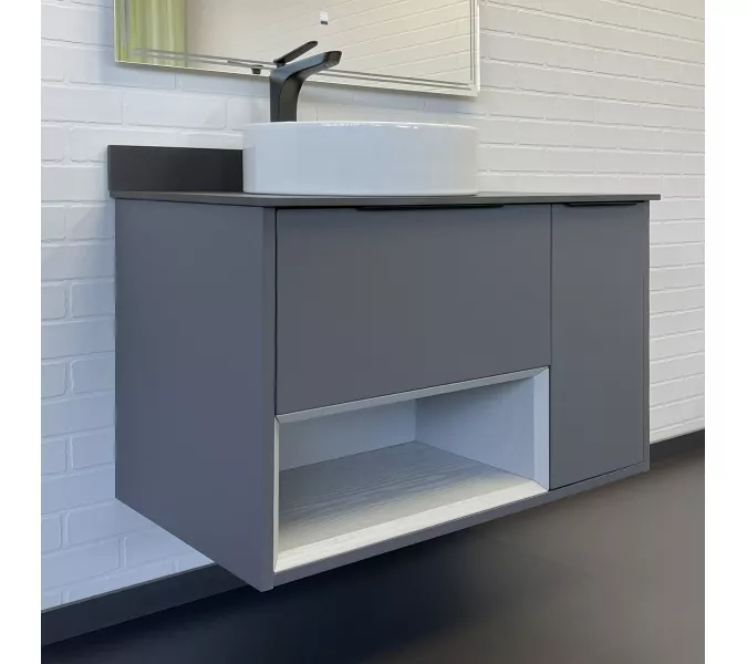 Тумба-умывальник Comforty Джанкой 90 антрацит с черной столешницей и раковиной 9111