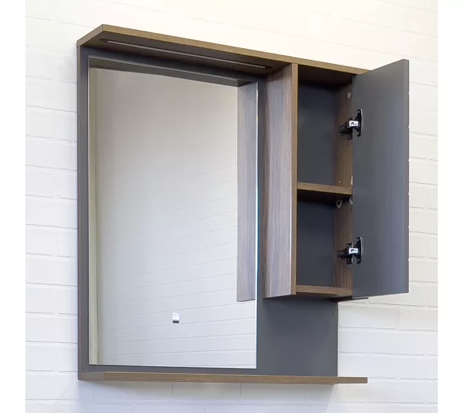 Зеркало-шкаф Comforty Кемер-75 антрацит/дуб тёмно-коричневый LED-подсветка, изображение 2