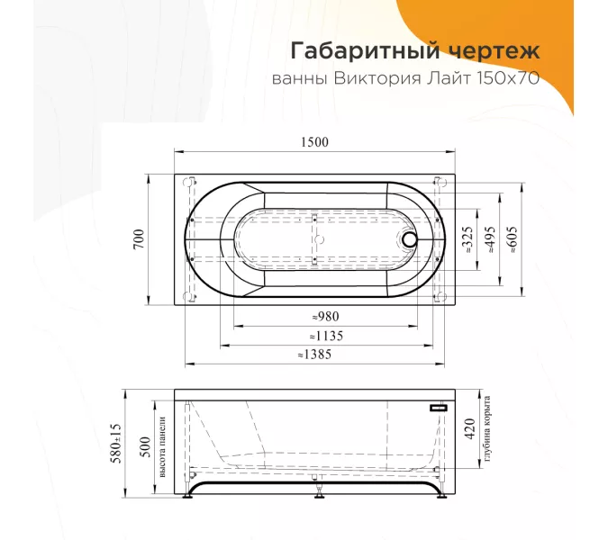 Ванна акриловая Radomir  Виктория Лайт, Выбрать размер: 150х70, изображение 5