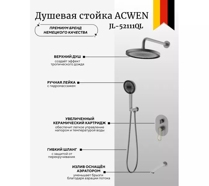 Душевая система ACWEN  JL-52111QL  встраиваемая , оружейная сталь/золото, изображение 2