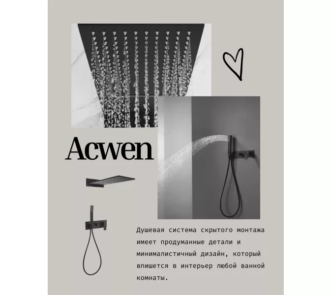 Душевая система ACWEN 2210B встраиваемая, черная матовая, Выбрать цвет: Черный, изображение 6
