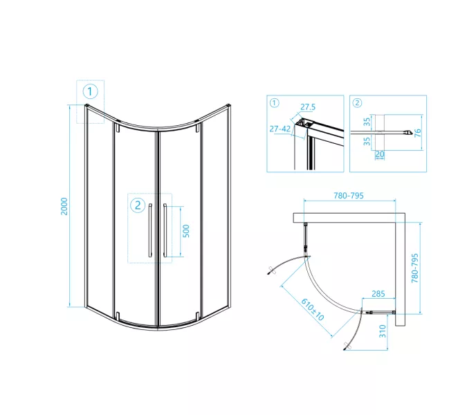 Душевой уголок RGW SV-53B прозрачное/черный, Цвет стекла: прозрачное, Цвет профиля: Черный, Выбрать размер: 800x800, изображение 8