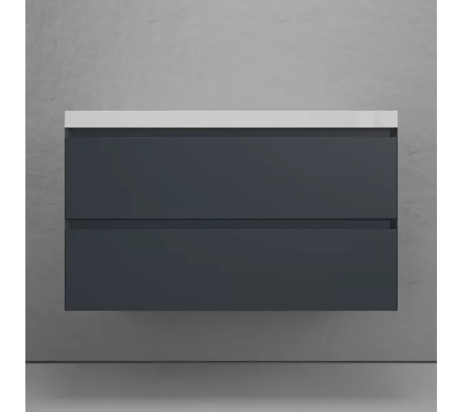 Тумба подвесная "Манхэттен 100/80/70/60" ЭМАЛЬ с раковиной  ASTI , 2 ящика PLUS графит, Выбрать цвет: Графит, Выбрать размер: 100, Внешний вид: с белой раковиной