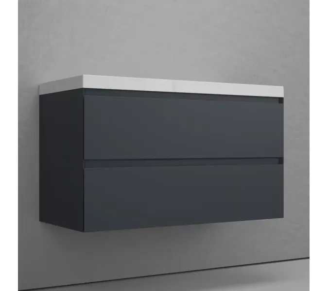 Тумба подвесная "Манхэттен 100/80/70/60" ЭМАЛЬ с раковиной  ASTI , 2 ящика PLUS графит, Выбрать цвет: Графит, Выбрать размер: 100, Внешний вид: с белой раковиной, изображение 2