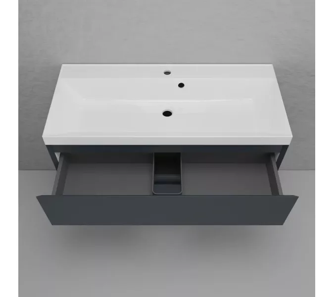 Тумба подвесная "Манхэттен 100/80/70/60" ЭМАЛЬ с раковиной  ASTI , 2 ящика PLUS графит, Выбрать цвет: Графит, Выбрать размер: 100, Внешний вид: с белой раковиной, изображение 3
