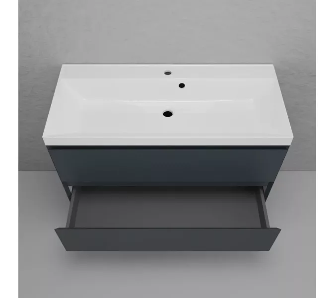 Тумба подвесная "Манхэттен 100/80/70/60" ЭМАЛЬ с раковиной  ASTI , 2 ящика PLUS графит, Выбрать цвет: Графит, Выбрать размер: 100, Внешний вид: с белой раковиной, изображение 4