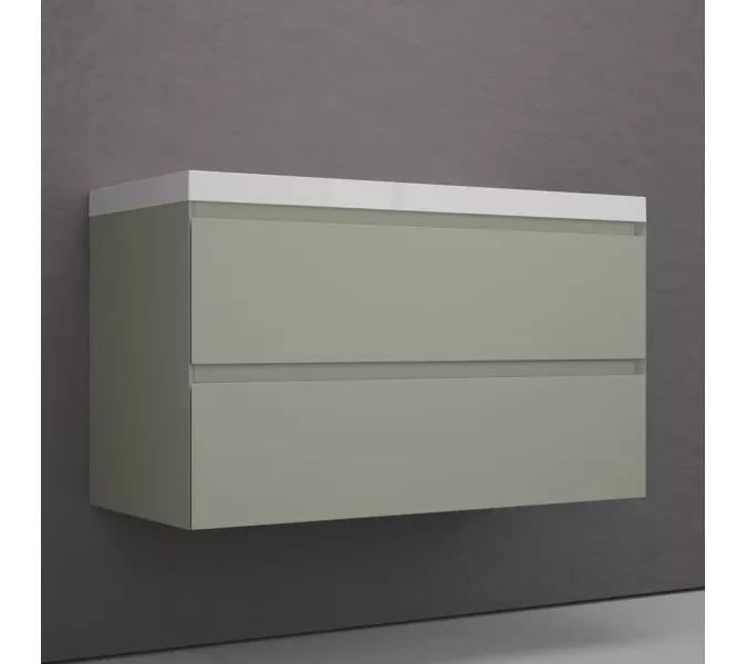 Тумба подвесная "Манхэттен 100/80/70/60" ЭМАЛЬ с раковиной  ASTI , 2 ящика PLUS олива, Выбрать цвет: Олива, Выбрать размер: 100, Внешний вид: с белой раковиной, изображение 2