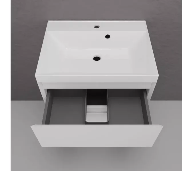 Тумба подвесная "Манхэттен 100/80/70/60" ЭМАЛЬ с  раковиной  ASTI , 2 ящика ,PLUS , белый матовый, Выбрать цвет: Белый, Выбрать размер: 60, Внешний вид: с белой раковиной, изображение 3