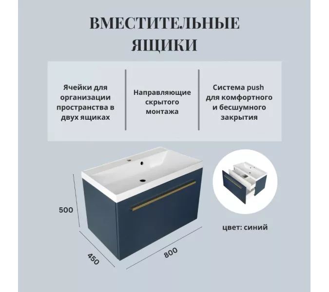 Тумба подвесная ACWEN МИРА 70/80/90 с раковиной Слим , темно-синий матовый, Выбрать размер: 80, Комплектация: с раковиной Слим 80, изображение 2