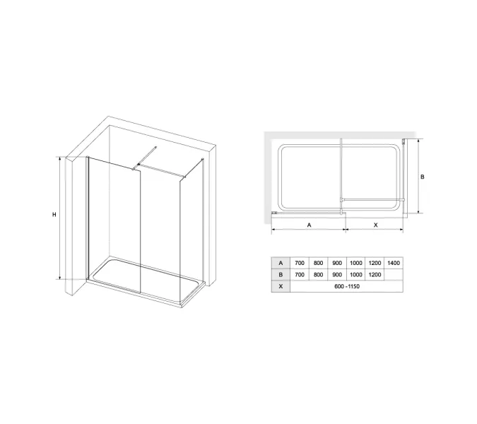 Перегородка для душа RGW WA-020B (WA-010B (2 шт.) + S-1220 B), Цвет стекла: прозрачное, Цвет профиля (вариация): Черный, Выбрать размер: 700*700, изображение 2