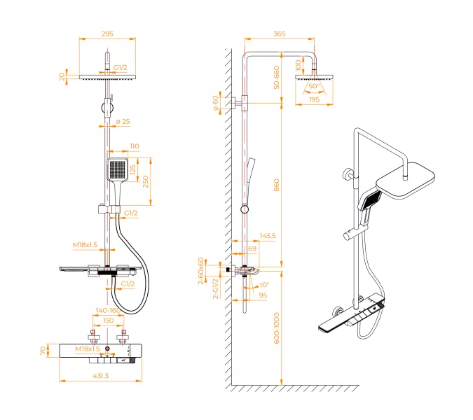 Душевая стойка RGW SP-34W с термостатом, Выбрать цвет: Белый, изображение 11