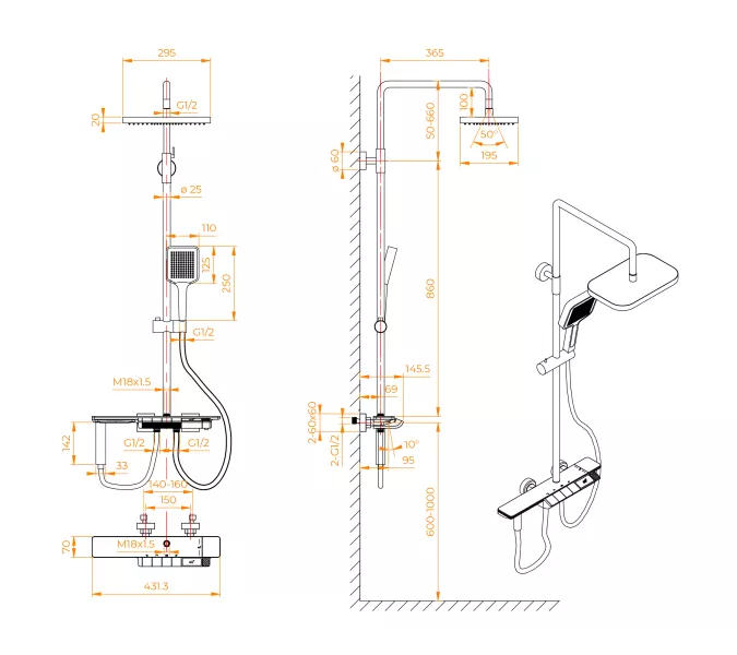 Душевая стойка RGW SP-35W с термостатом, Выбрать цвет: Белый, изображение 9