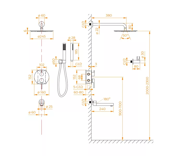 Душевая система встраиваемая RGW SP-55, Выбрать цвет: Хром, изображение 13