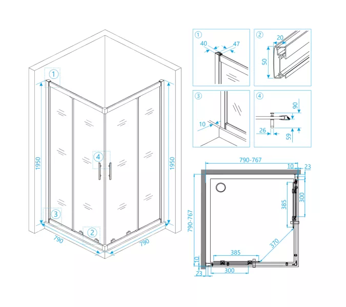 Душевой уголок RGW HO-31, Цвет стекла: прозрачное, Цвет профиля (вариация): Хром, Выбрать размер: 800x800, изображение 2