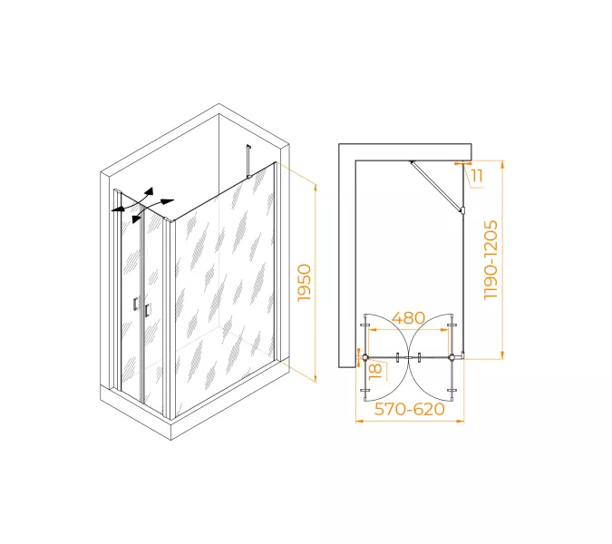 Душевой уголок RGW PA-144B (PA-104B+Z-050-2B+O-204B), Цвет стекла: прозрачное, Цвет профиля: Черный, Выбрать размер: 600x1200, изображение 3