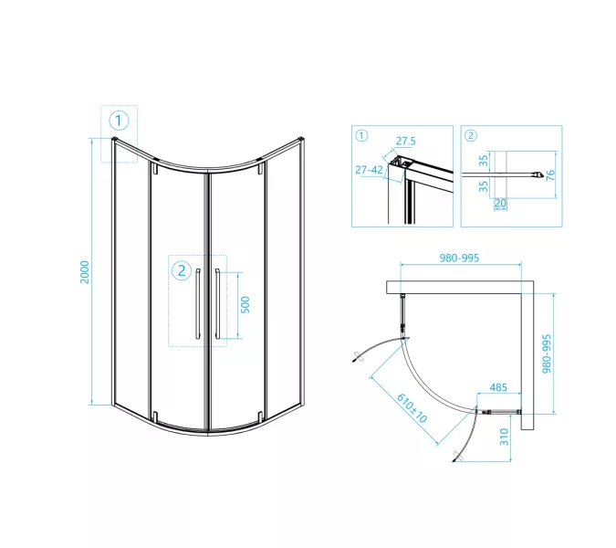 Душевой уголок RGW SV-53 прозрачное/хром, Цвет стекла: прозрачное, Цвет профиля: Хром, Выбрать размер: 1000x1000, изображение 16