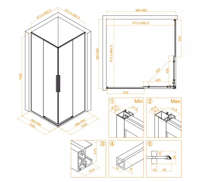 Душевой уголок RGW SV-31B, Цвет стекла: прозрачное, Цвет профиля (вариация): Черный, Выбрать размер: 1000x1000, изображение 8