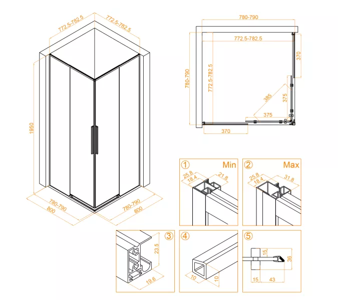Душевой уголок RGW SV-31B, Цвет стекла: прозрачное, Цвет профиля: Черный, Выбрать размер: 800x800, изображение 9