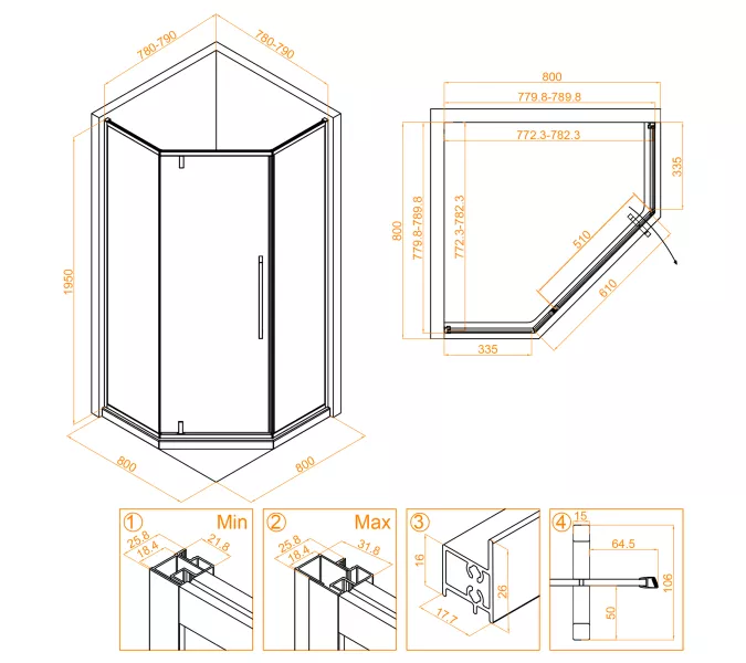 Душевой уголок RGW SV-81, Цвет стекла: прозрачное, Цвет профиля: Хром, Выбрать размер: 800x800, изображение 5