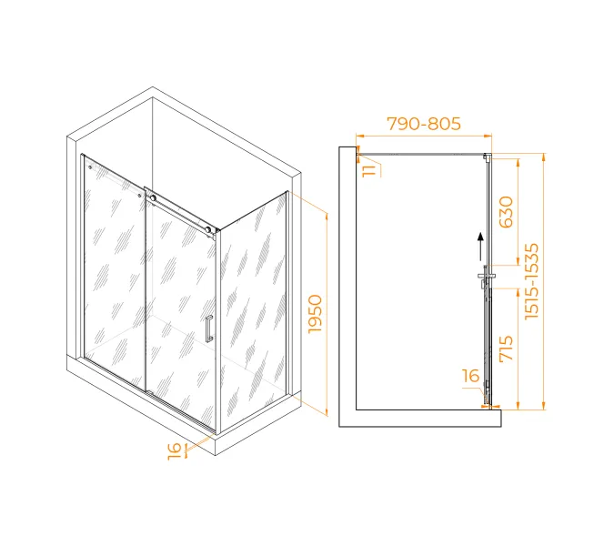 Душевой уголок RGW TO-44-1B (TO-14B + Z-060-2B), Цвет стекла: прозрачное, Цвет профиля (вариация): Черный, Выбрать размер: 1500x800, изображение 3