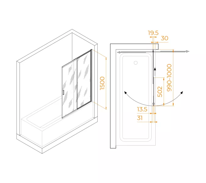 Шторка на ванну RGW SC-40B, Цвет стекла: прозрачное, Цвет профиля: Черный, Выбрать размер: 100, изображение 12