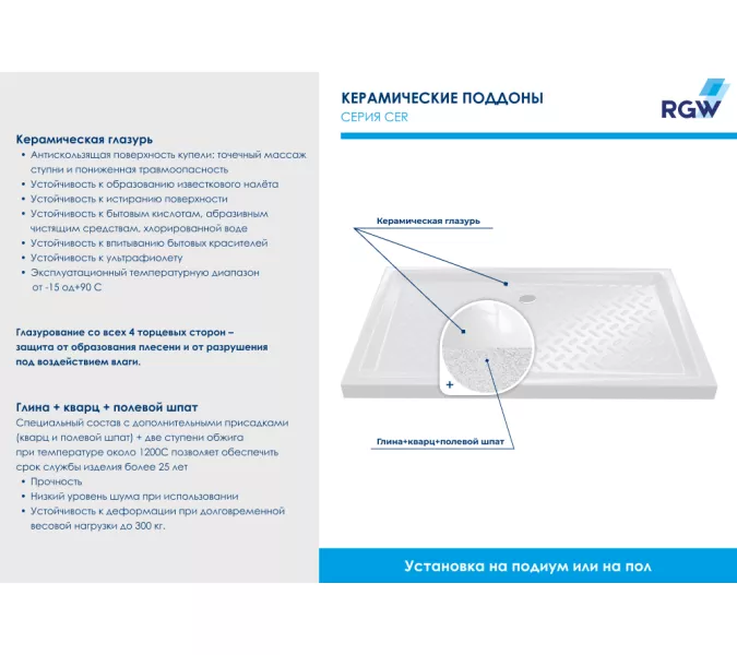 Душевой поддон прямоугольный керамический RGW CR высота 6см, Выбрать размер: 720x900, изображение 10