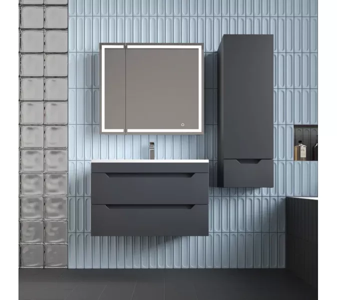 Тумба подвесная Style line "Остин" с раковиной  Фортуна 2 ящ графит эмаль PLUS, Выбрать цвет: Графит, Выбрать размер: 80, Внешний вид: с белой раковиной, изображение 6