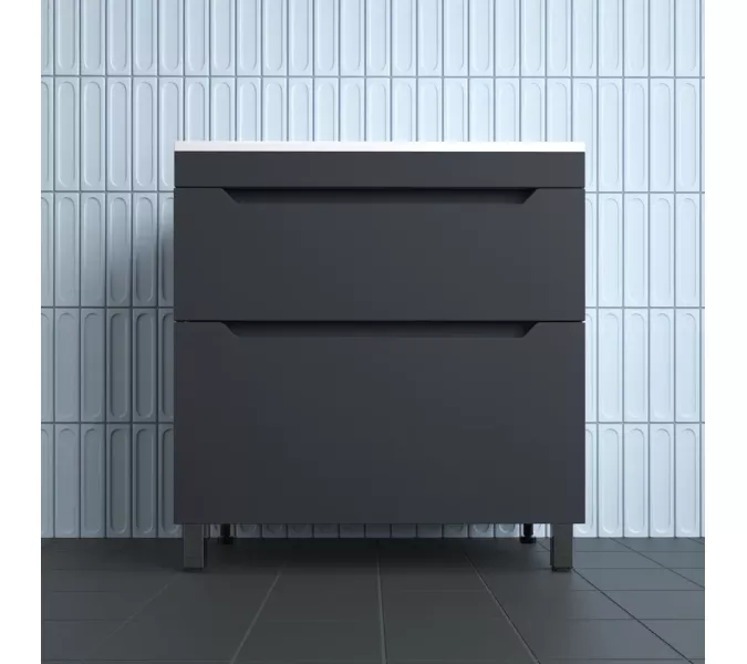 Тумба напольная Style line "Остин" с раковиной Фортуна 2 ящ графит эмаль PLUS, Выбрать цвет: Графит, Выбрать размер: 80, Внешний вид: с белой раковиной, изображение 2