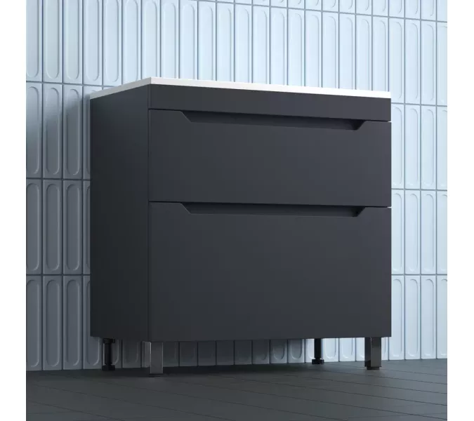 Тумба напольная Style line "Остин" с раковиной Фортуна 2 ящ графит эмаль PLUS, Выбрать цвет: Графит, Выбрать размер: 80, Внешний вид: с белой раковиной, изображение 3