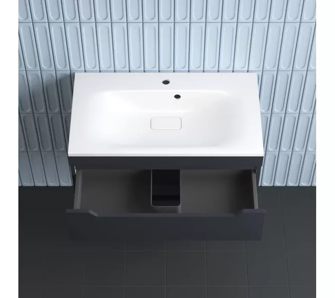 Тумба подвесная Style line "Остин" с раковиной  Фортуна 2 ящ графит эмаль PLUS, Выбрать цвет: Графит, Выбрать размер: 80, Внешний вид: с белой раковиной, изображение 4