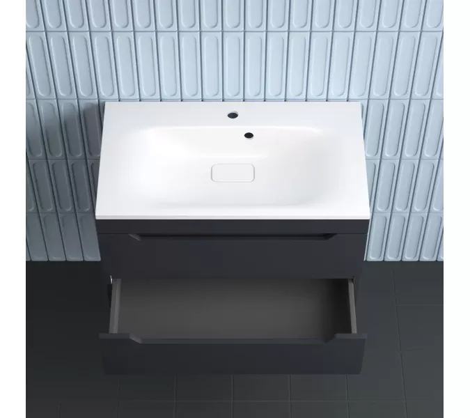 Тумба подвесная Style line "Остин" с раковиной  Фортуна 2 ящ графит эмаль PLUS, Выбрать цвет: Графит, Выбрать размер: 80, Внешний вид: с белой раковиной, изображение 5