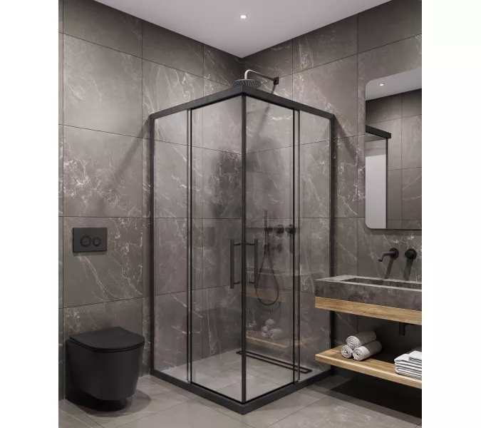 Timo Душевой угол TKSS-90-100/03C-8, раздвиж , проф черный, стекло проз 8 мм, Цвет профиля: Черный, Выбрать размер: 90х90