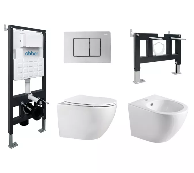 Комплект ABBER унитаз AC1100 белый с инсталляцией AC0105 и кнопкой  хром, биде AC1150 с инсталляцией AC0101P, Цвет кнопки: Хром, Выбрать цвет: Белый, Внешний вид: квадратная кнопка