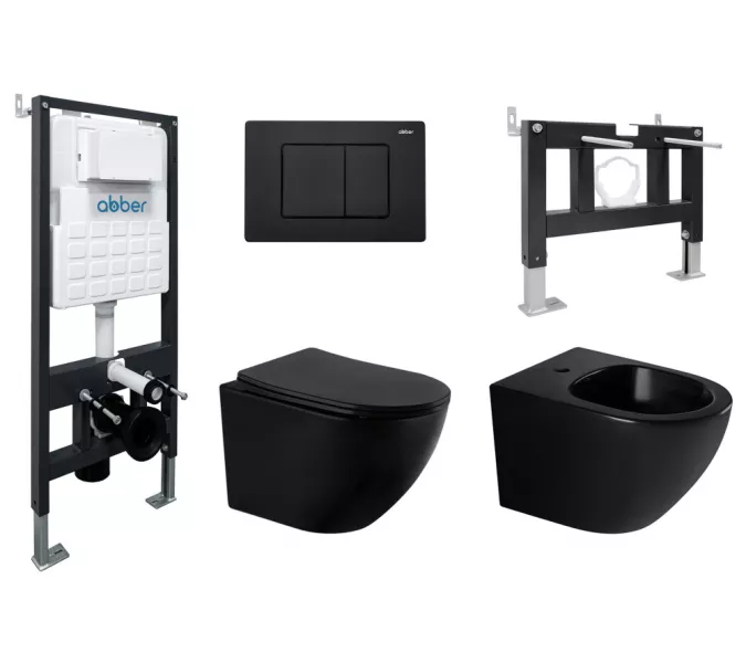 Комплект ABBER унитаз AC1100MB черный матовый с инсталляцией AC0105 и кнопкой , биде AC1150MB с инсталляцией AC0101P, Цвет кнопки: Черный, Выбрать цвет: Черный, Внешний вид: квадратная кнопка