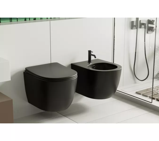 Комплект ABBER унитаз AC1100MB черный матовый с инсталляцией AC0105 и кнопкой , биде AC1150MB с инсталляцией AC0101P, Цвет кнопки: Черный, Выбрать цвет: Черный, Внешний вид: квадратная кнопка, изображение 3