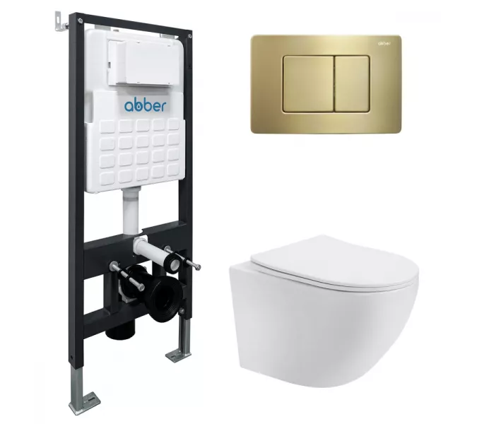 Комплект подвесной унитаз ABBER Bequem AC1100T белый с инсталляцией AC0105 и кнопкой , золото матовое, Цвет кнопки: Золото, Выбрать цвет: Белый, Внешний вид: квадратная кнопка