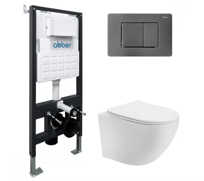Комплект подвесной унитаз ABBER Bequem AC1100T белый с инсталляцией AC0105 и кнопкой никель, Цвет кнопки: Никель, Выбрать цвет: Белый, Внешний вид: квадратная кнопка