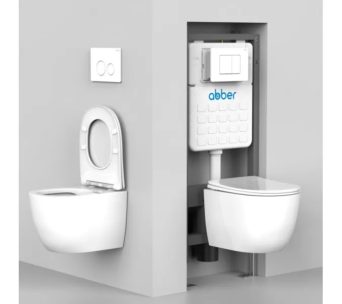 Комплект подвесной унитаз ABBER Bequem AC1100T белый с инсталляцией AC0105 и кнопкой никель, Цвет кнопки: Никель, Выбрать цвет: Белый, Внешний вид: квадратная кнопка, изображение 2