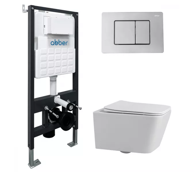 Комплект подвесной унитаз ABBER Rechteck AC1201 белый с инсталляцией AC0105 и кнопкой  хром, Цвет кнопки: Хром, Выбрать цвет: Белый, Внешний вид: квадратная кнопка