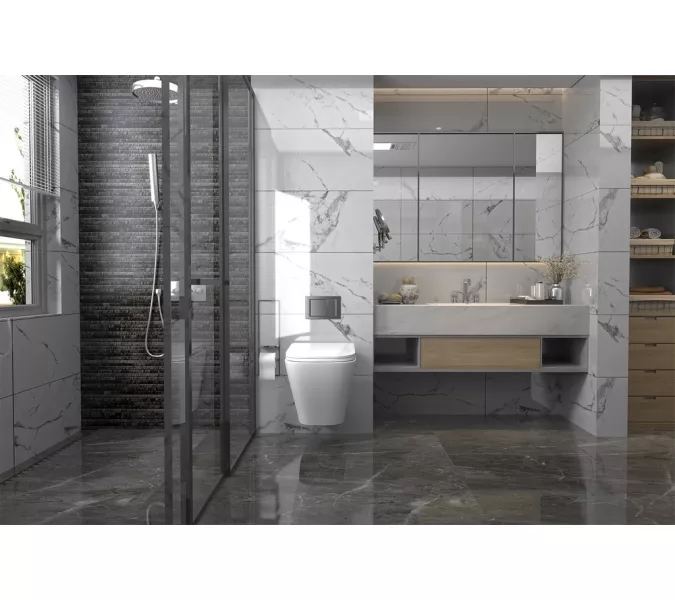 Комплект подвесной унитаз ABBER Rechteck AC1201 белый с инсталляцией AC0105 и кнопкой  хром, Цвет кнопки: Хром, Выбрать цвет: Белый, Внешний вид: квадратная кнопка, изображение 2