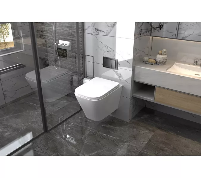 Комплект подвесной унитаз ABBER Rechteck AC1201 белый с инсталляцией AC0105 и кнопкой  хром, Цвет кнопки: Хром, Выбрать цвет: Белый, Внешний вид: квадратная кнопка, изображение 3