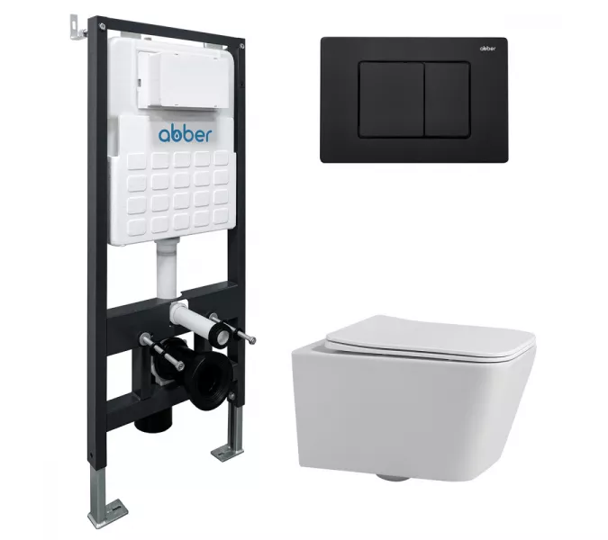 Комплект подвесной унитаз ABBER Rechteck AC1201 белый с инсталляцией AC0105 и кнопкой черный матовый, Цвет кнопки: Черный, Выбрать цвет: Белый, Внешний вид: квадратная кнопка