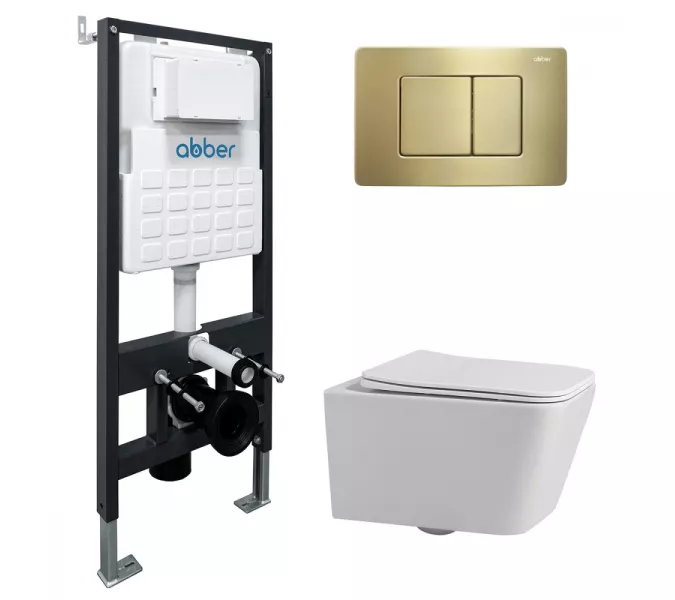Комплект подвесной унитаз ABBER Rechteck AC1201 белый с инсталляцией AC0105 и кнопкой  золото матовое, Цвет кнопки: Золото, Выбрать цвет: Белый, Внешний вид: квадратная кнопка