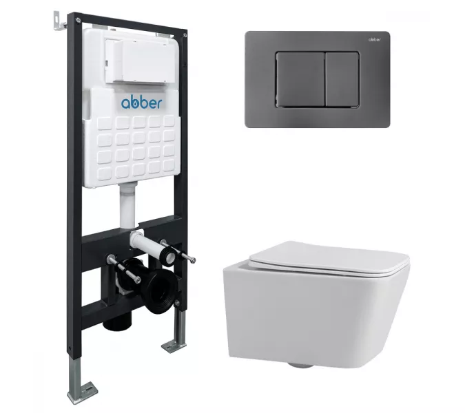 Комплект подвесной унитаз ABBER Rechteck AC1201 белый с инсталляцией AC0105 и кнопкой  никель, Цвет кнопки: Серый, Выбрать цвет: Белый, Внешний вид: квадратная кнопка